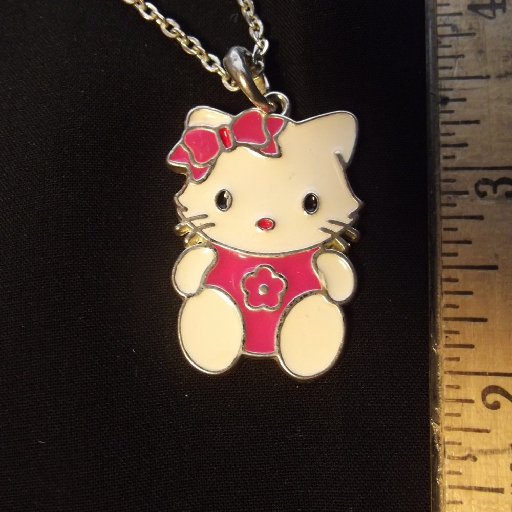 Vintage Hello Kitty Pendant Enamel Necklace Silver Tone